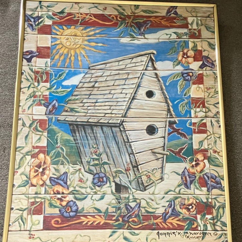Country Birdhouse Birds Flower Folk Wall Picture by Jannis K. Chardon